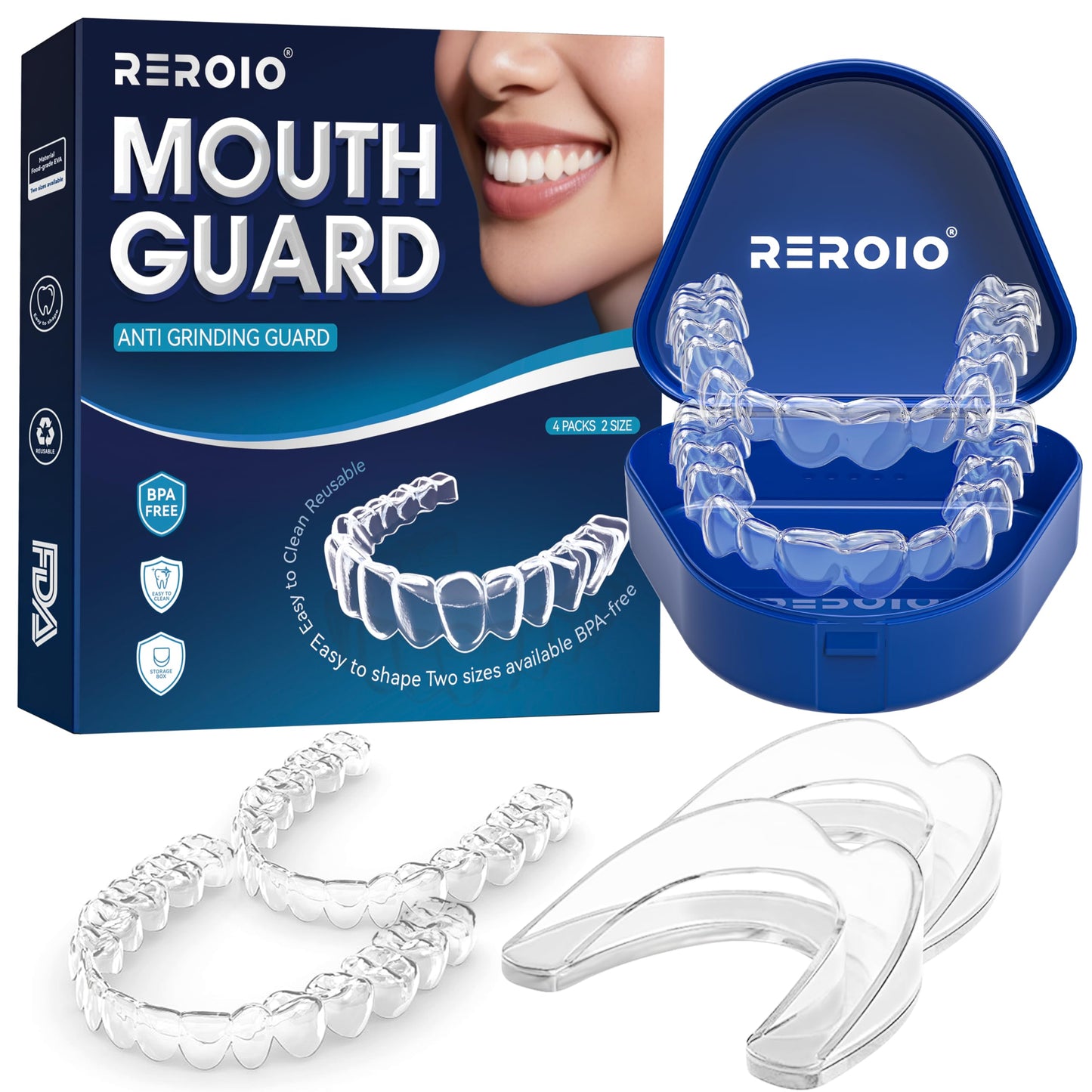 REROIO Anti Grinding Guard, Mouth Guard for Grinding Teeth at Night, Mouth Guard for Sleeping, Perfect fit Night Guards for Teeth Grinding, Reusable Mouthguard for Adults