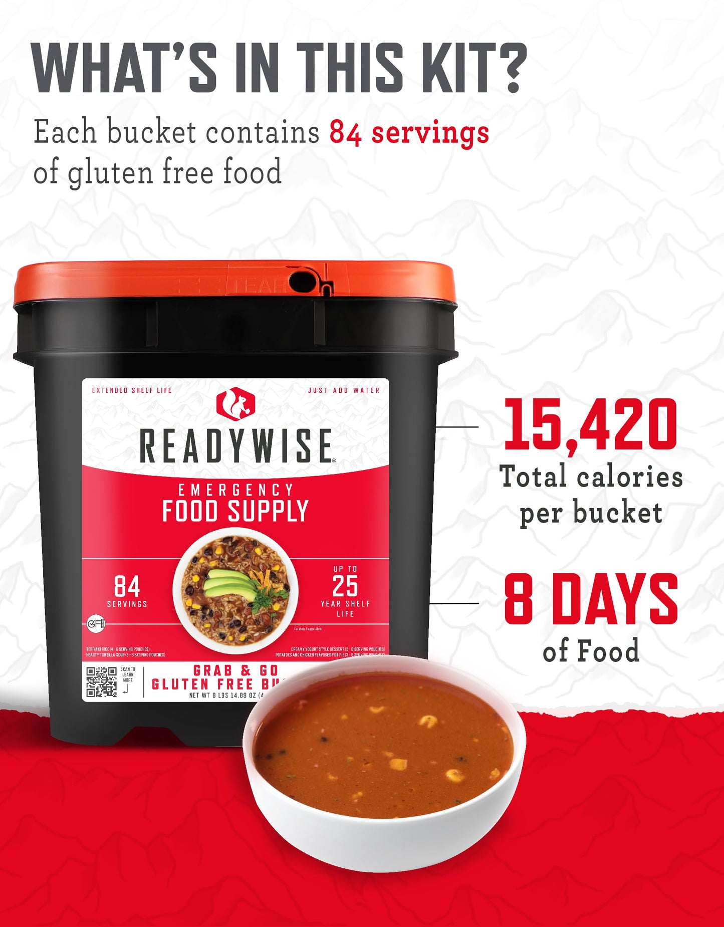 READYWISE - Gluten Free Bucket, 84 Servings, Emergency, MRE Meal Food Supply, Premade, Freeze Dried Survival Food for Hiking, Adventure & Camping Essentials, Individually Packaged, 25 Year Shelf Life