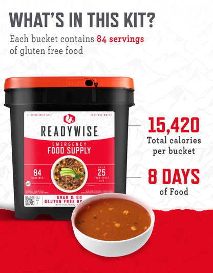 READYWISE - Gluten Free Bucket, 84 Servings, Emergency, MRE Meal Food Supply, Premade, Freeze Dried Survival Food for Hiking, Adventure & Camping Essentials, Individually Packaged, 25 Year Shelf Life