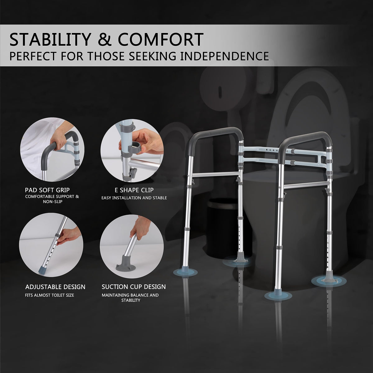 FSA/HSA Eligible Toilet Safety Rails, Adjustable Toilet Frame for Elderly, Seniors, Handicap & Disabled, Foldable Handicap Toilet Handles Fit Any Toilets (300 LB)