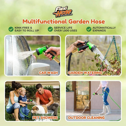 Flexi Hose with 8 Function Nozzle, 50FT - Lightweight Expandable Garden Hose, No-Kink Flexibility, 3/4 Inch Solid Brass Fittings and Double Latex Core - Green