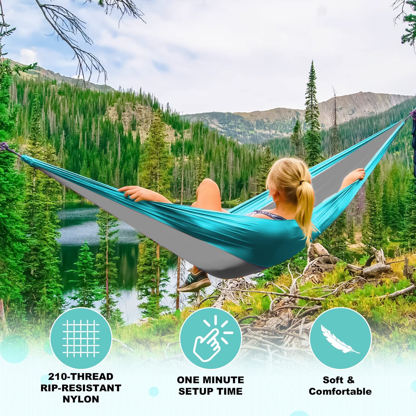 SZHLUX Camping Hammock Double & Single Portable Hammocks with 2 Tree Straps and Attached Carry Bag,Great for Outdoor,Indoor,Beach,Camping,Light Grey / Sky Blue