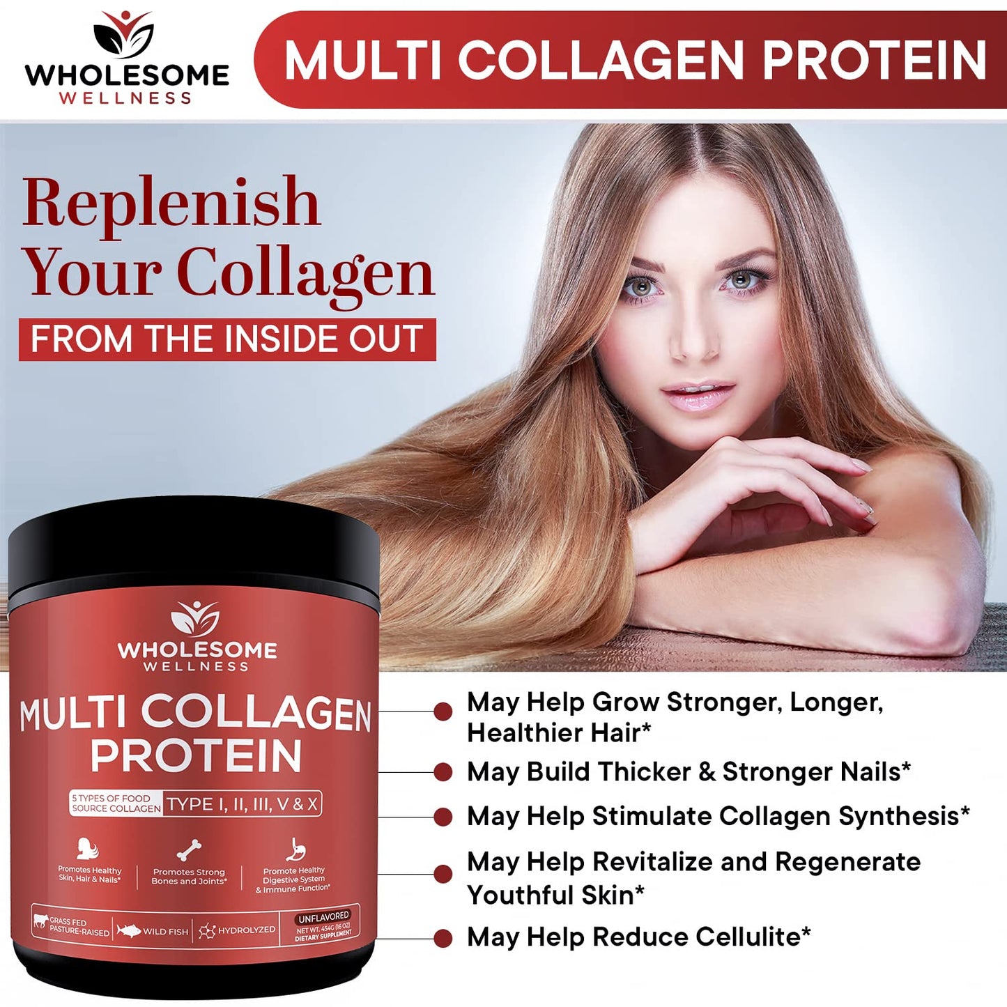 Wholesome Wellness Multi Collagen Protein Powder Hydrolyzed (Type I II III V X) Grass-Fed All-in-One Super Bone Broth + Peptides - Premium Blend of Beef, Chicken, Wild Fish, Eggshell, 58 Servings
