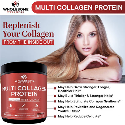 Wholesome Wellness Multi Collagen Protein Powder Hydrolyzed (Type I II III V X) Grass-Fed All-in-One Super Bone Broth + Peptides - Premium Blend of Beef, Chicken, Wild Fish, Eggshell, 58 Servings