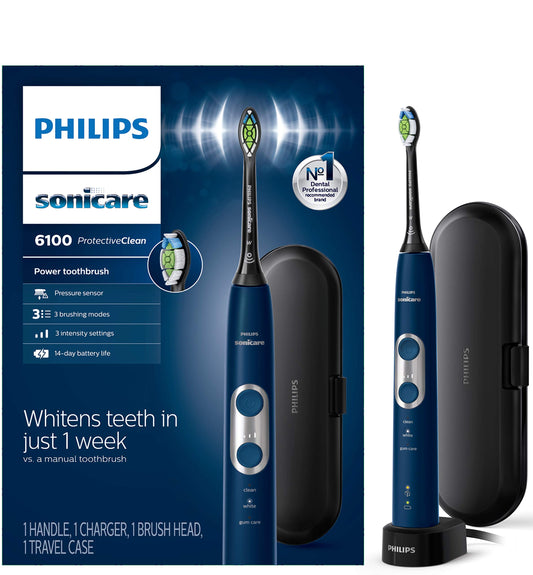 Philips Sonicare ProtectiveClean 6100 Rechargeable Electric Toothbrush, with Pressure Sensor, 3 Cleaning Modes, SmarTimer and QuadPacer, 14-Day Battery Life, Travel Case, Navy Blue, Model HX6871/49