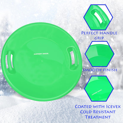 Slippery Racer Heavy-Duty Cold Resistant Downhill Pro Adults and Kids Plastic Outdoor Winter Saucer Disc Snow Sled with Handles (Green, 1 Pack)