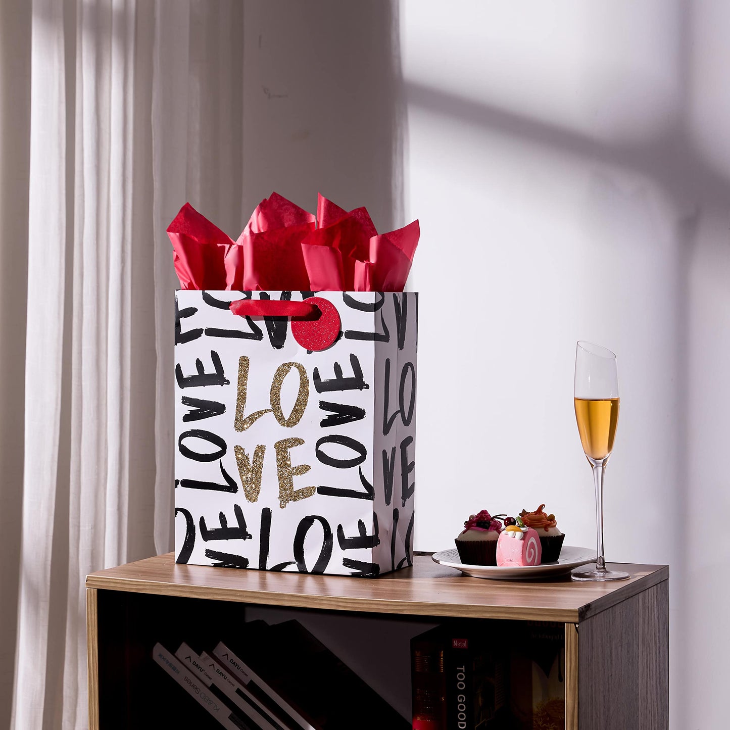 SUNCOLOR Large Valentine's Day Gift Bag with Tissue Paper, Black and Gold Love Design, 13 x 10.2 x 4.7 Inches, for Birthday, Mother's Day