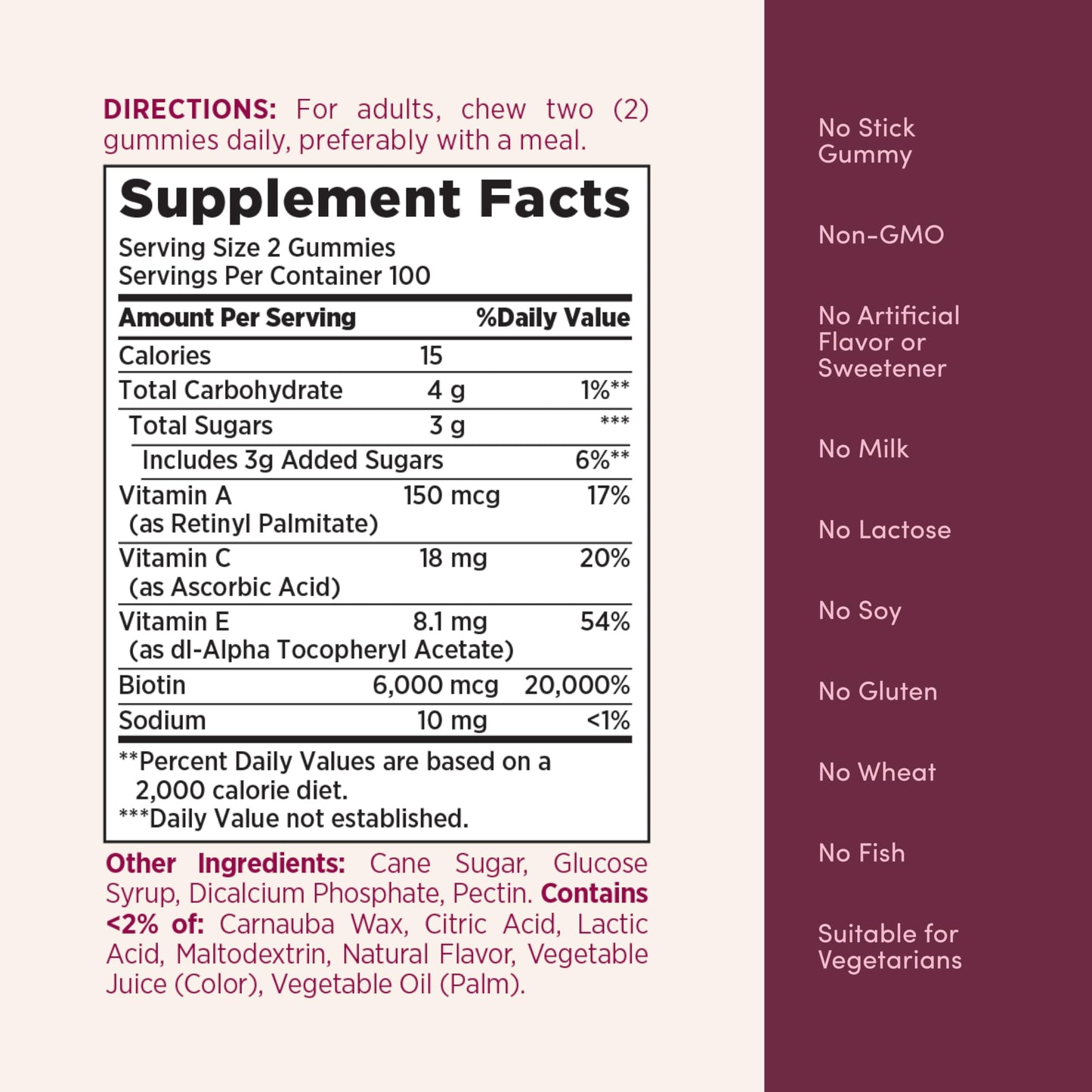 Nature's Bounty Optimal Solutions Advanced Hair, Skin and Nails Pectin Gummies, 2X Biotin Per Serving, No Stick Gummy, Vegetarian Formula, Strawberry Flavor, 200 ct, 100 Total Servings