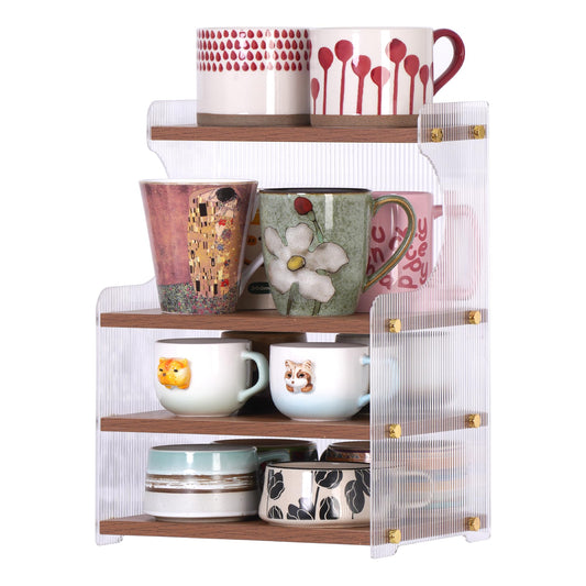 KAOTGOT Coffee Mug Holder Wooden Cup Station Organizer 4-Tier Cup Holder for Coffee Bar Mug Display Rack for Countertop Mug Holder Shelf for Home Kitchen Wood