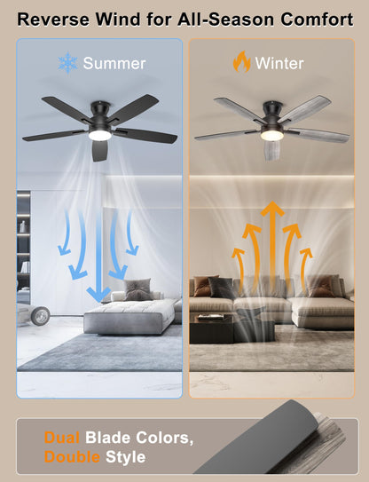 Ohniyou Ceiling Fans with Lights, 52'' Low Profile Ceiling Fan with Light and Remote/APP Control, Modern Flush Mount Ceiling Fan for Indoor Bedroom Living Room, Dimmable, Qiuet DC Motor, Black