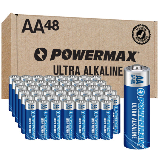 Powermax 48-Count Double AA Batteries, Ultra Long Lasting Alkaline Battery for Home and Office, 10-Year Shelf Life, Reclosable Packaging