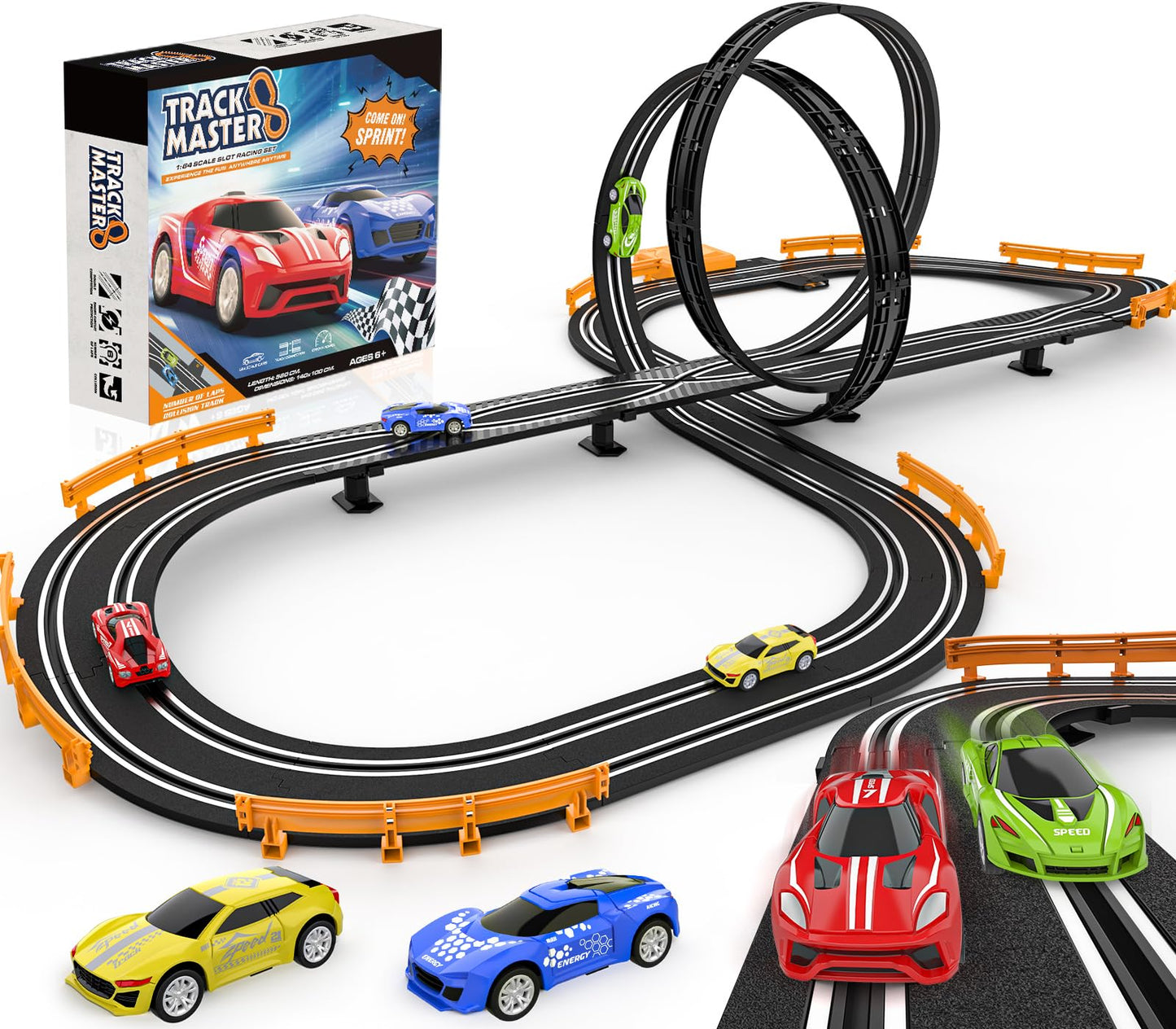 Slot-Car-Race-Track-Sets for Boys Kids, Battery or Electric Race Car Track with 4 High-Speed Slot Cars, Dual Racing Game 2 Hand Controllers Circular Overpass Track, Toys Gifts for 6-8 8-12 Boys Girls