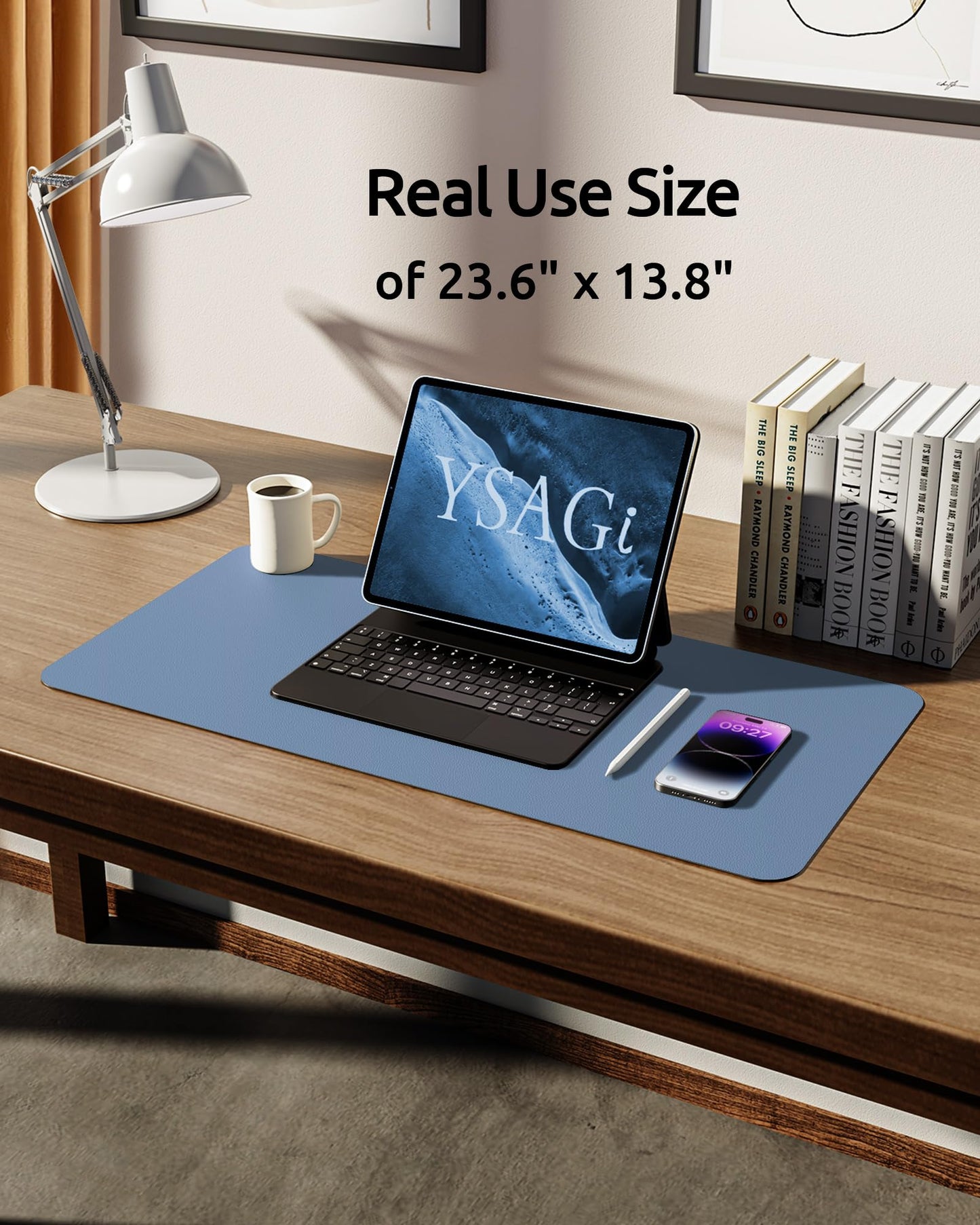 YSAGi Leather Desk Pad Protector, Office Desk Mat, Large Mouse Pad, Non-Slip PU Leather Desk Blotter, Laptop Desk Pad, Waterproof Desk Writing Pad for Office and Home (Blue, 23.6" x 13.8")