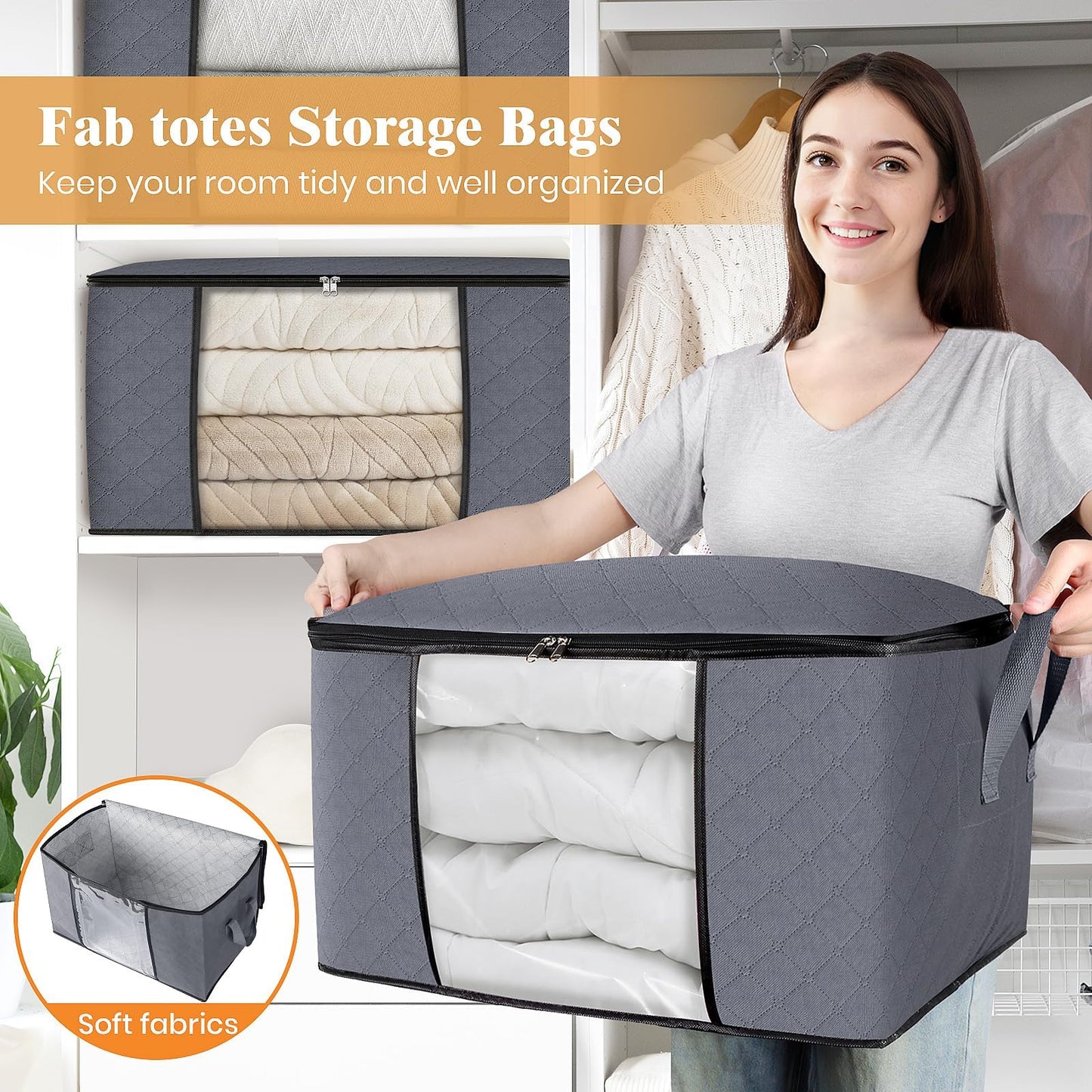 Fab totes 6 Pack Clothes Storage, Foldable Thick Fabric Blanket Storage Bags, Storage Containers for Organizing Bedroom, Closet, Clothing, Comforter, Grey