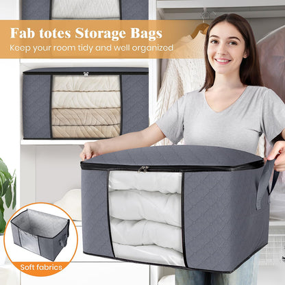Fab totes 6 Pack Clothes Storage, Foldable Thick Fabric Blanket Storage Bags, Storage Containers for Organizing Bedroom, Closet, Clothing, Comforter, Grey