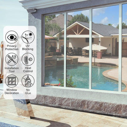 Kromapolis Window Privacy Film Reflective Mirror Film One Way Window Tint for Home, Daytime Privacy Heat Control Anti UV Glass Tinting, Non-Adhesive (Silver, 35.4 x 157.4 inch)