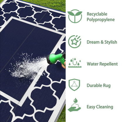 GENIMO 6' x 9' Outdoor Rug Waterproof for Patio Decor, Foldable Reversible Plastic Straw Area Rugs Mat for Camper, Outside Carpet for Rv, Deck, Porch, Picnic, Beach, Balcony, Blue & Grey