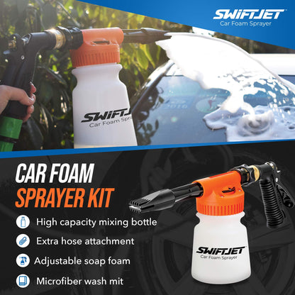 SwiftJet Car Wash Foam Gun + Microfiber Wash Mitt - Foam Cannon Works with Any Soap - Garden Hose Car Foam Sprayer - Car Wash Kit - Car Accessories Foam Blaster (Orange Foam Gun with Mitt)