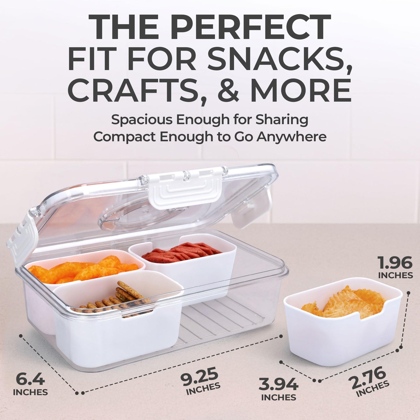 KEYVOZ Snackle Box Container with Lid- Travel Charcuterie Box with Handle - Organizer for Candy, Fruit, Nuts, Veggies, Snacks, Beach Essentials, Portable Lunch Box (Bright White, Small)