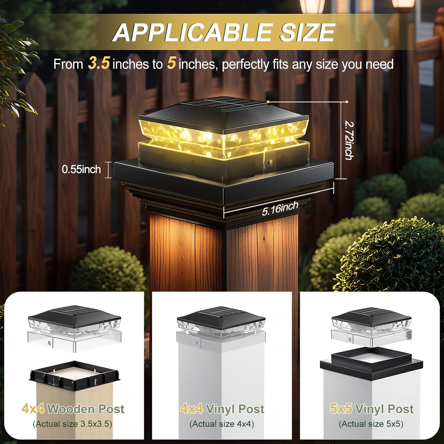 Solar Post Cap Light 8 Packs, Waterproof Solar Powered Fence Light, 4x4 IP65 Black Outdoor Post Solar Lights for Deck Garden & Patio Lights for 3.5x3.5,4x4,5x5 Wood & Vinyl Posts Warm White Lighting
