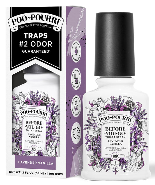 Poo-Pourri Before-You-Go Toilet Spray, Lavender Vanilla, 2 Fl Oz, Up to 100 Uses, Bathroom Odor Deodorizer with Essential Oils for Home or Work, Travel Essentials, TSA Approved Size