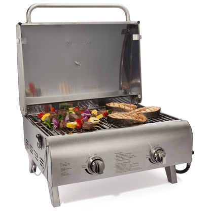 Cuisinart Chef's Style Tabletop Portable Propane Gas Grill, 20,000 BTU Stainless Steel 2-Burner Outdoor BBQ Grill for Camping, Tailgates, BBQ, Hassle-Free Setup