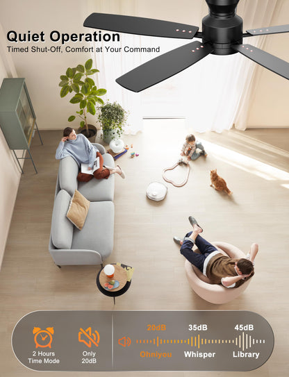 Ohniyou Ceiling Fans with Lights, 52'' Low Profile Ceiling Fan with Light and Remote/APP Control, Modern Flush Mount Ceiling Fan for Indoor Bedroom Living Room, Dimmable, Qiuet DC Motor, Black