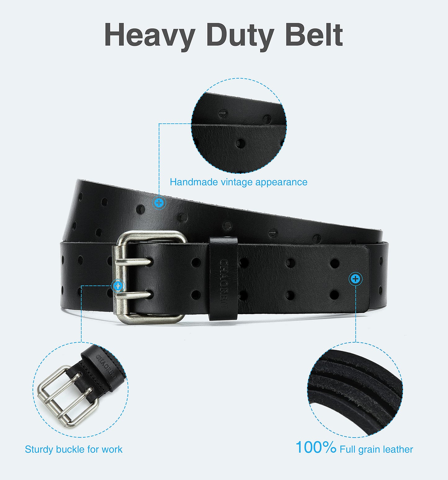 CHAOREN Work Belts for Men Heavy Duty - 1.5" Full Grain Leather Belt Casual - Fully Adjustable, Double Prong