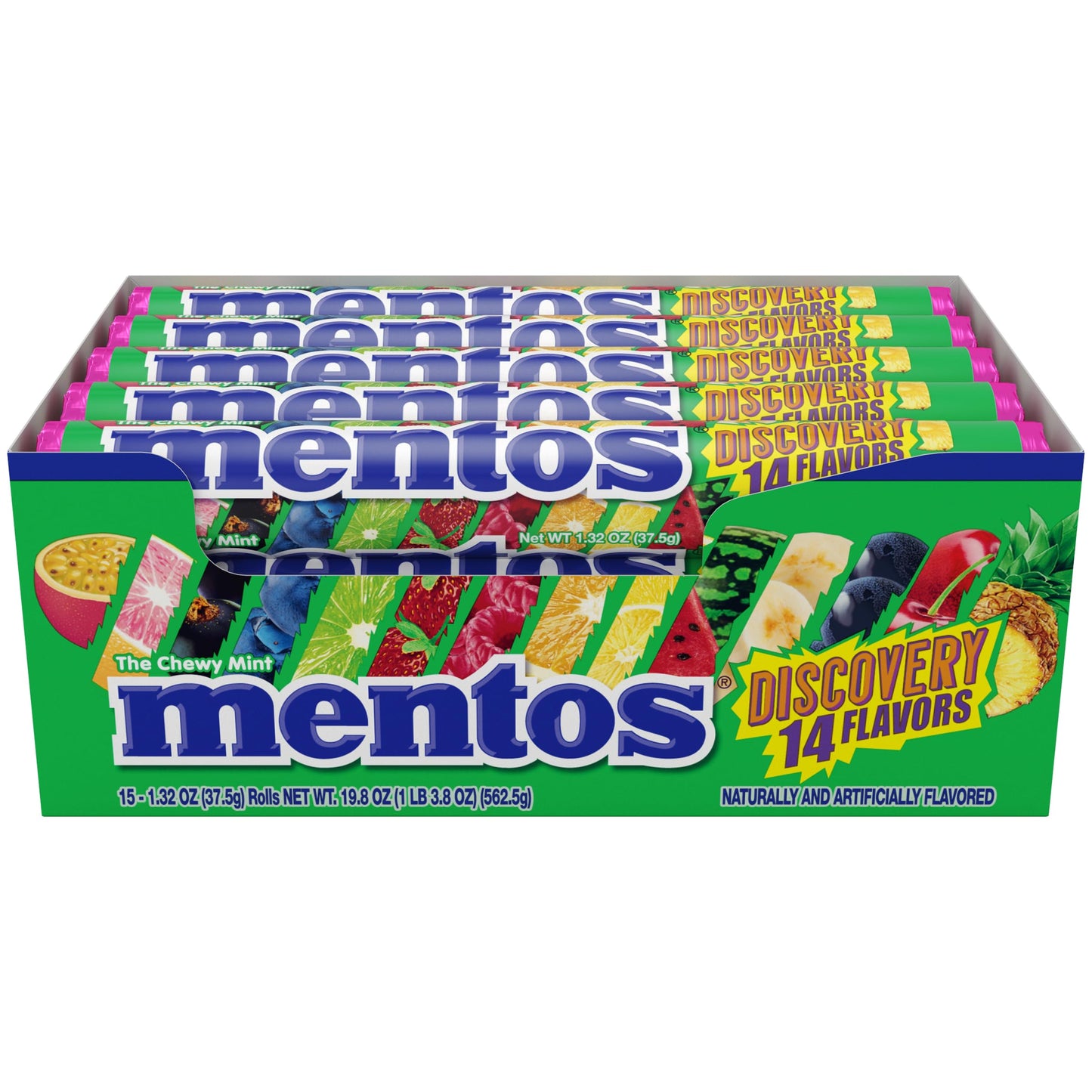 Mentos Chewy Mint Candy Roll, Discovery 14 Assorted Fruit Flavors, 14 Pieces Per Roll, 15 Count Showbox