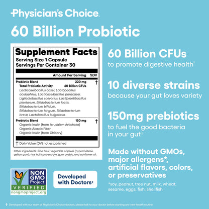 Physician's Choice Probiotics 60 Billion CFU - 10 Strains + Organic Prebiotics - Immune, Digestive & Gut Health - Supports Occasional Constipation, Diarrhea, Gas & Bloating - for Women & Men - 30ct