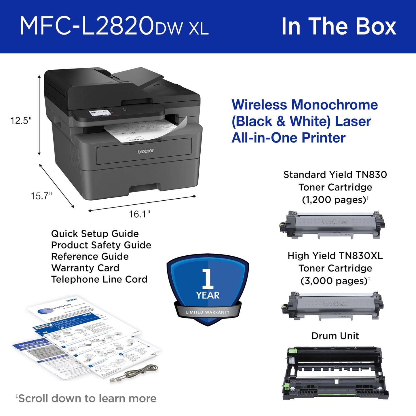 Brother MFC-L2820DW XL Wireless Compact Monochrome All-in-One Laser Printer with Copy, Scan and Fax, Duplex, Black & White | Up to 4,200 Pages of Toner Included(1), Amazon Dash Replenishment Ready