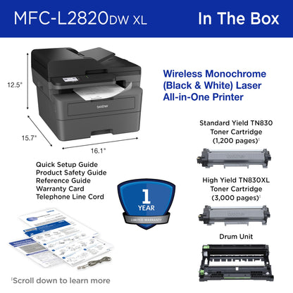 Brother MFC-L2820DW XL Wireless Compact Monochrome All-in-One Laser Printer with Copy, Scan and Fax, Duplex, Black & White | Up to 4,200 Pages of Toner Included(1), Amazon Dash Replenishment Ready