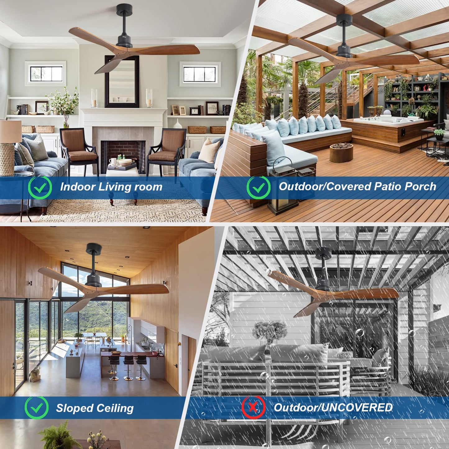 Sofucor Ceiling Fan no Lights, 52 Inch Low Profile Flush Mount Modern Wood Ceiling Fan with Remote for Indoor Farmhouse Bedroom Living Room Outdoor Patio Porch, Reversible DC Motor, Noiseless