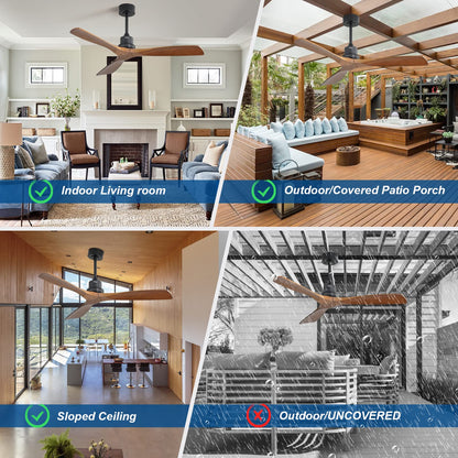 Sofucor Ceiling Fan no Lights, 52 Inch Low Profile Flush Mount Modern Wood Ceiling Fan with Remote for Indoor Farmhouse Bedroom Living Room Outdoor Patio Porch, Reversible DC Motor, Noiseless