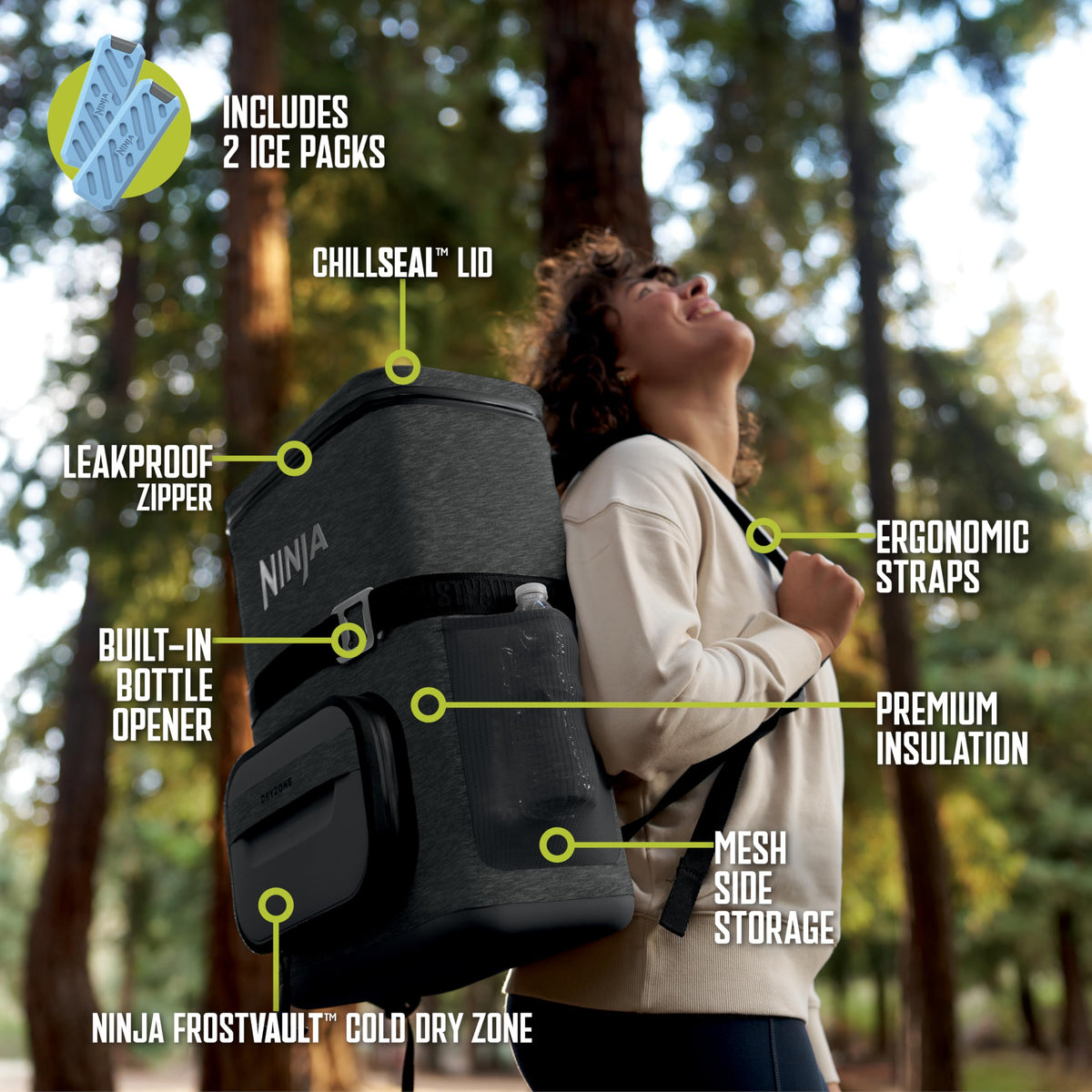 Ninja | Backpack Cooler | FrostVault Go 24 Can Soft Cooler | Leakproof Zipper with Built in Can Opener, 2 Ice Packs & Dry Storage Drawer | for Hiking, Camping & More | Charcoal Gray | FF124CG