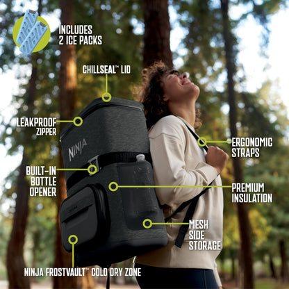 Ninja | Backpack Cooler | FrostVault Go 24 Can Soft Cooler | Leakproof Zipper with Built in Can Opener, 2 Ice Packs & Dry Storage Drawer | for Hiking, Camping & More | Charcoal Gray | FF124CG