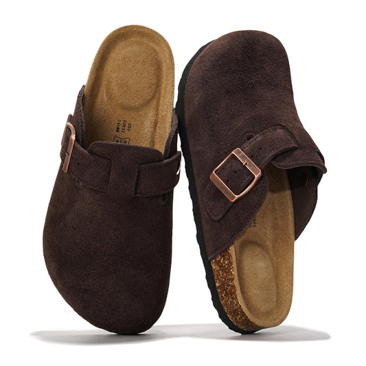 Project Cloud Genuine Leather Footbed Clogs for Women - Memory Foam Arch Support Slippers for Women - Trendy Slip-ons Women's Mules & Clogs Sandals (Benton, CHOCBRWNSUED, 10)