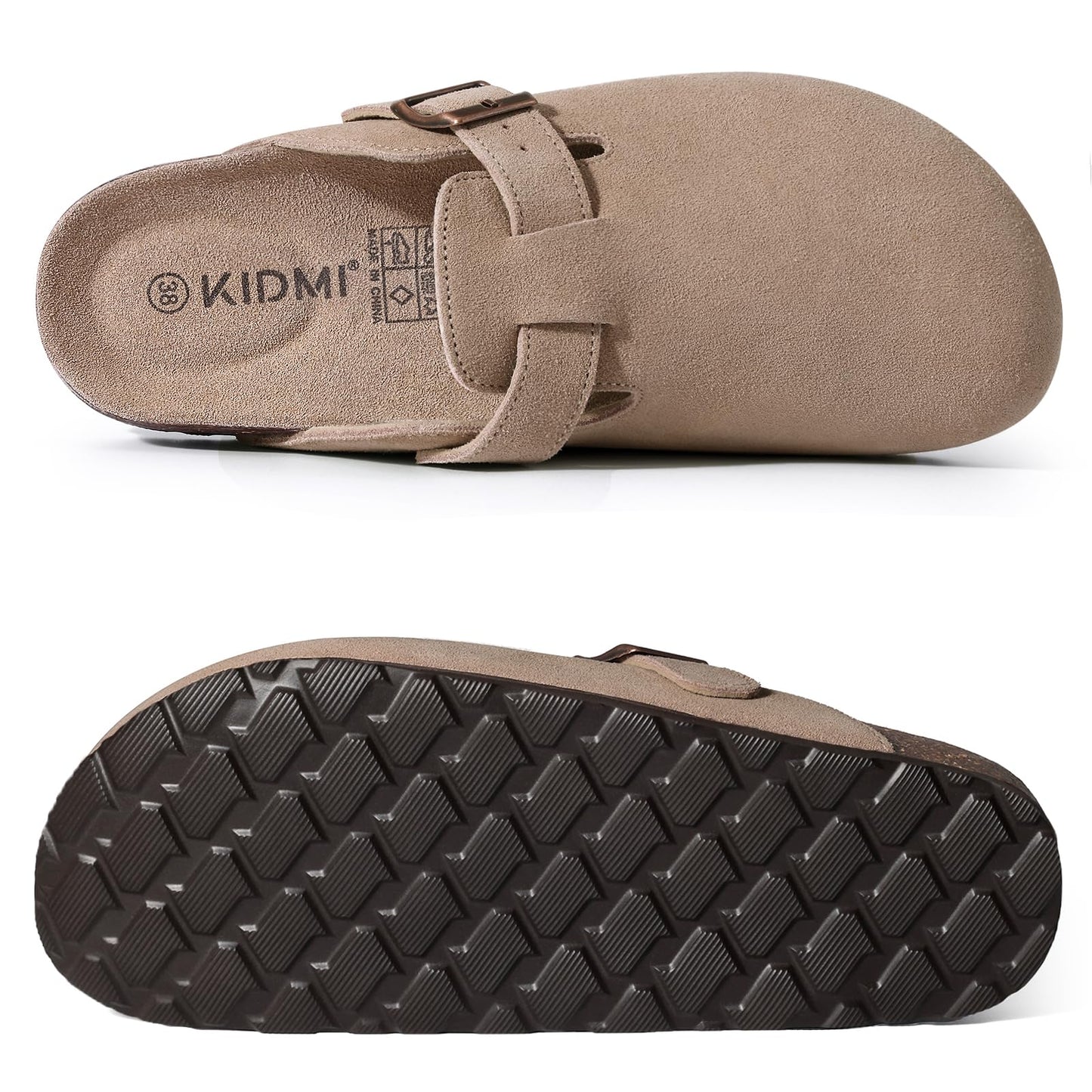 KIDMI Women's Genuine Suede Clogs Cork Footbed Sandals Leather Mules Potato Shoes with Arch Support Taupe 40 (Size 8.5)