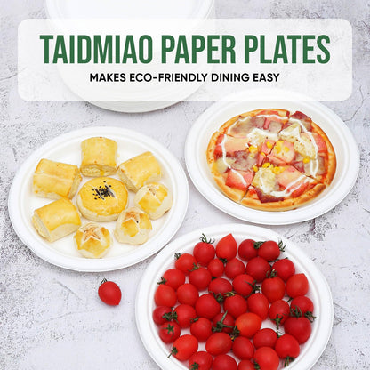 TaidMiao Paper Plates 9 Inches, 100 Pack Disposable Plates For Party – 100% Compostable Plates, Water & Oil Proof Paper Plates, Microwavable Paper Plates Bulk - White