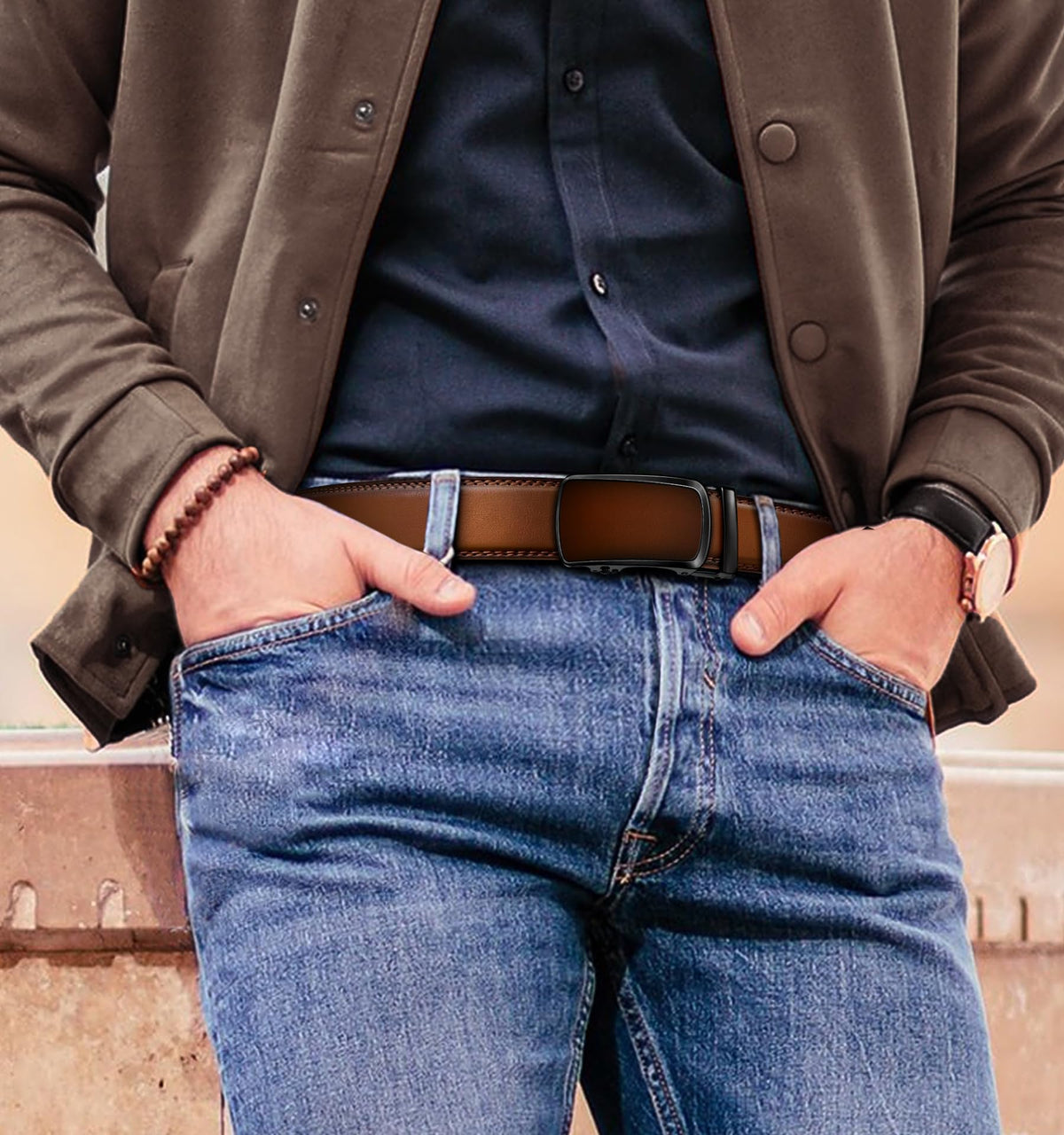 BULLIANT Men's Ratchet Belt 2 Pack-Click Leather Belt Adjustable for Men Gift 1 3/8-Cut for Perfect Fit(Black/Light Brown,32"-38" Waist Adjustable)