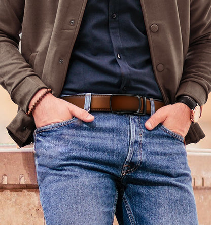 BULLIANT Men's Ratchet Belt 2 Pack-Click Leather Belt Adjustable for Men Gift 1 3/8-Cut for Perfect Fit(Black/Light Brown,32"-38" Waist Adjustable)