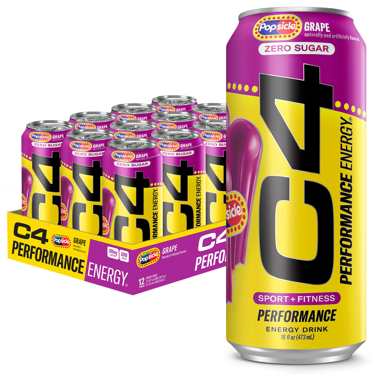 C4 Energy Drink x Grape Popsicle, Carbonated Sugar Free Pre Workout Performance Drink with no Artificial Colors or Dyes, 16 Oz, Pack of 12