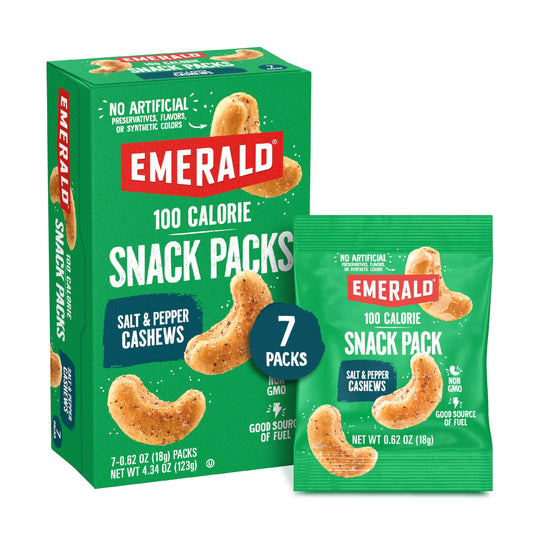 Emerald Nuts, 100 Calorie Packs, 7 Count, Salt & Pepper Cashews, 4.34 Oz