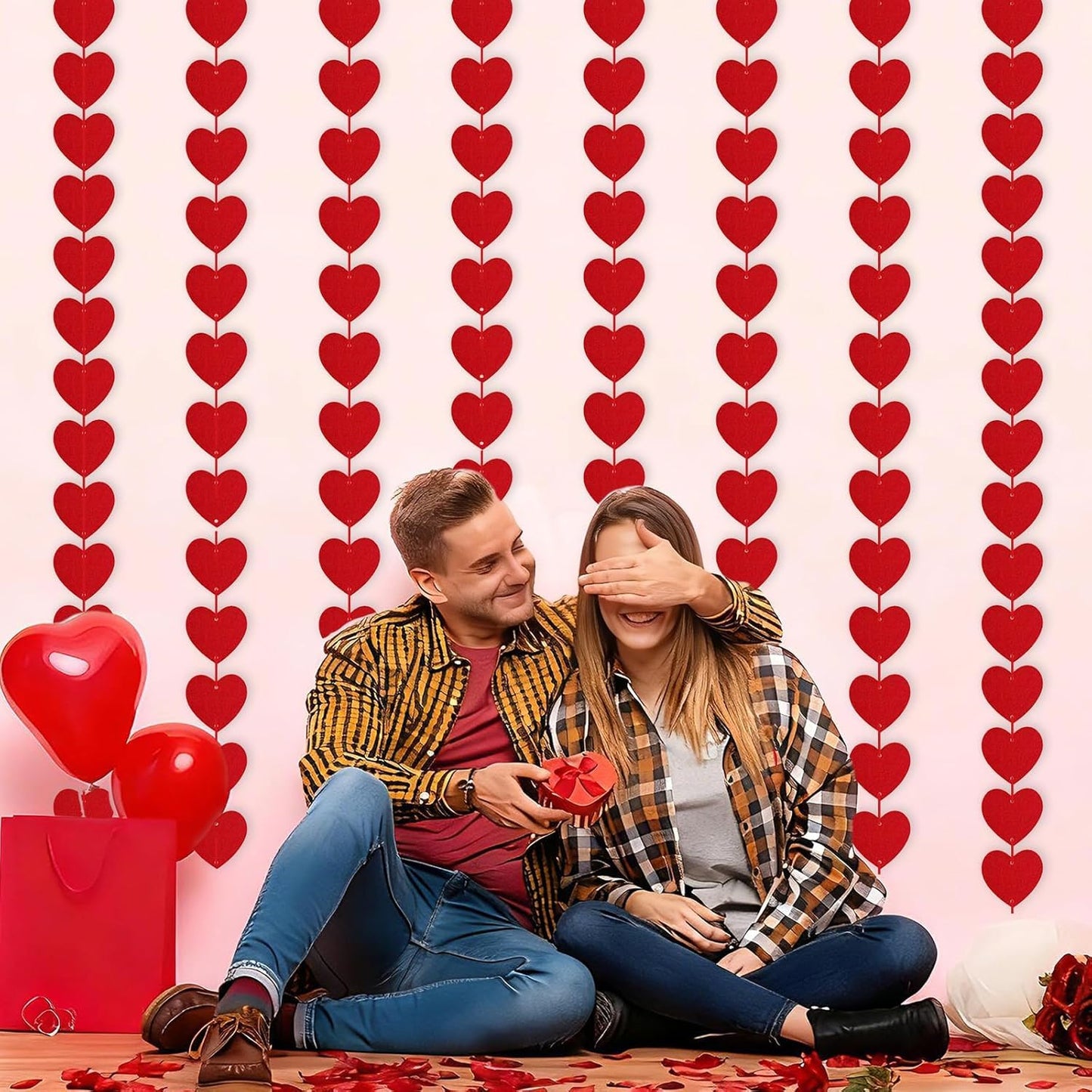 Valentines Day Decorations, 96 PCS Red Felt Heart Garland Hanging, Pre-Assembled Romantic Heart String Garland for Home, Wedding, Anniversary & Party Decor