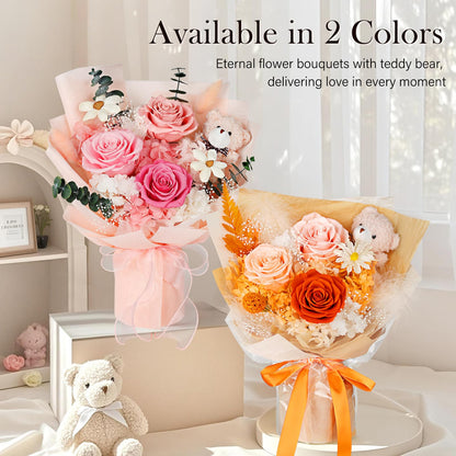 Preserved Flowers Bouquet with Bear, 3 Real Forever Flowers for Delivery, Long-Lasting Pink Eteranl Roses Bouquet, Anniversary Birthday Valentine Gifts for Women Mom Grandma Her Wife Girlfriend