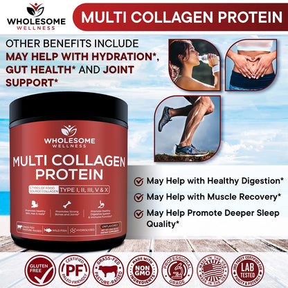 Wholesome Wellness Multi Collagen Protein Powder Hydrolyzed (Type I II III V X) Grass-Fed All-in-One Super Bone Broth + Peptides - Premium Blend of Beef, Chicken, Wild Fish, Eggshell, 58 Servings