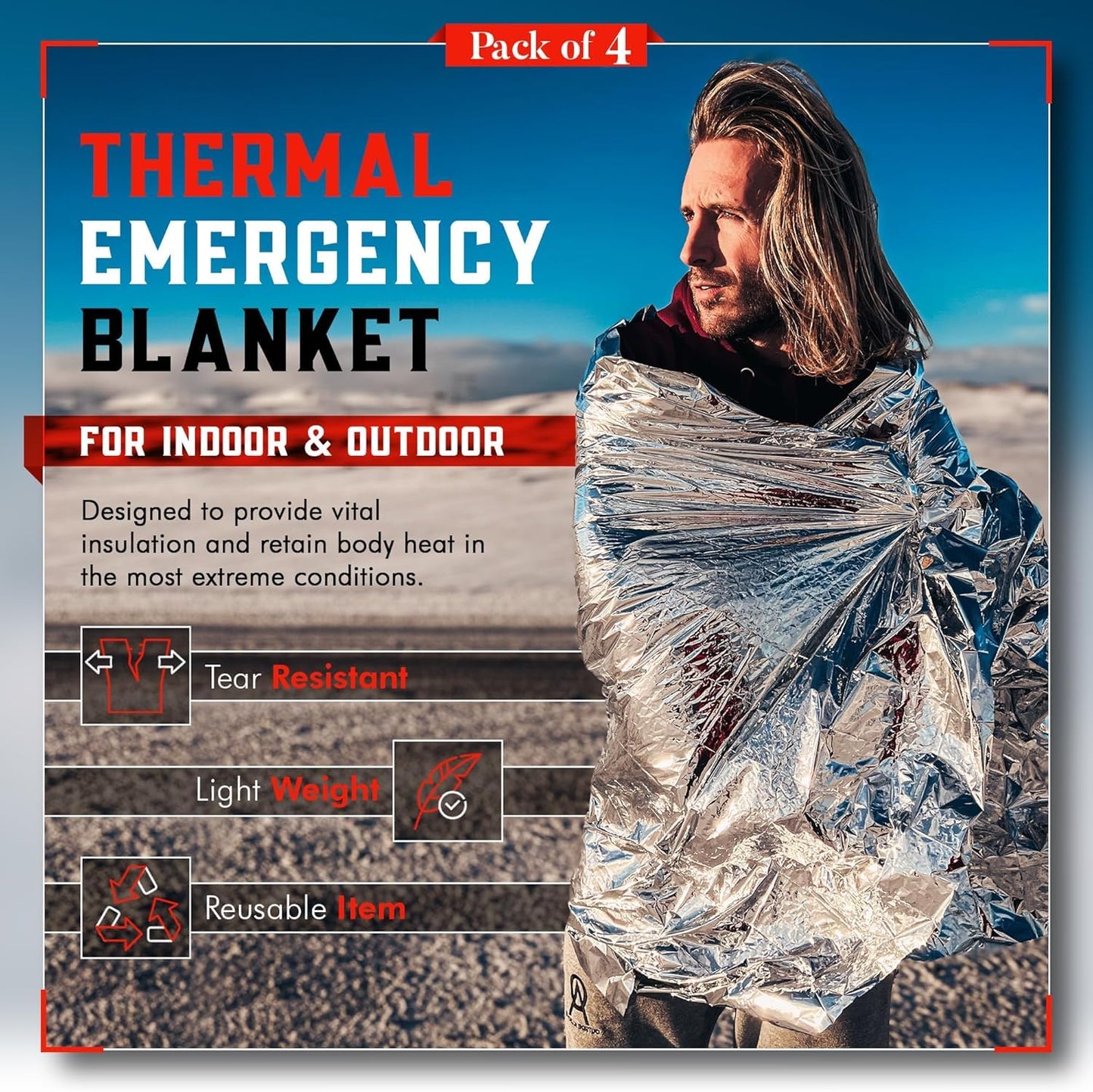 Emergency Blanket 4-Pack Space Mylar Blankets Survival Gear and Supplies Reusable Thermal Camping Hunting Essentials First Aid Car Backpacking Marathon Kit Prepper Go Rave Bug Out Bag Foil Cold Winter