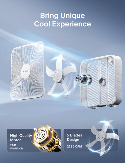 PELONIS 20 Inch Box Fan – 3 Speeds, Window Fans, Floor or Tabletop, 25ft/s, 2025 Upgraded, Superior Air Throw (2295 CFM), Lightweight, 5 Blades, Fans for Bedroom, Office, Living Room, Garage