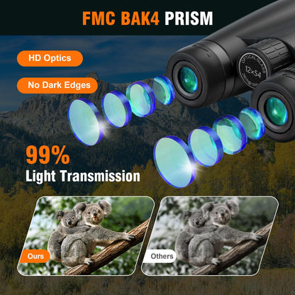 12x54 HD Binoculars for Adults High Powered - Large View BAK4 Prism Binoculars with Clear Low Light Vision - Lightweight Waterproof Binocular for Bird Watching Cruise Travel Hiking Concert Stargazing