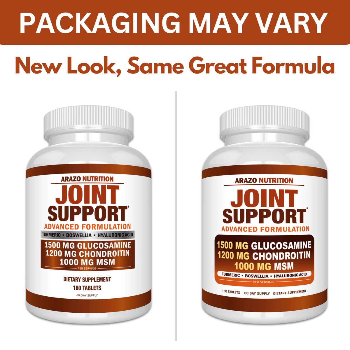 Arazo Nutrition Glucosamine Chondroitin Turmeric Msm Boswellia - Joint Support Supplement for Relief 180 Tablets for Bones, Back, Knees, Hands (180 Tablets)